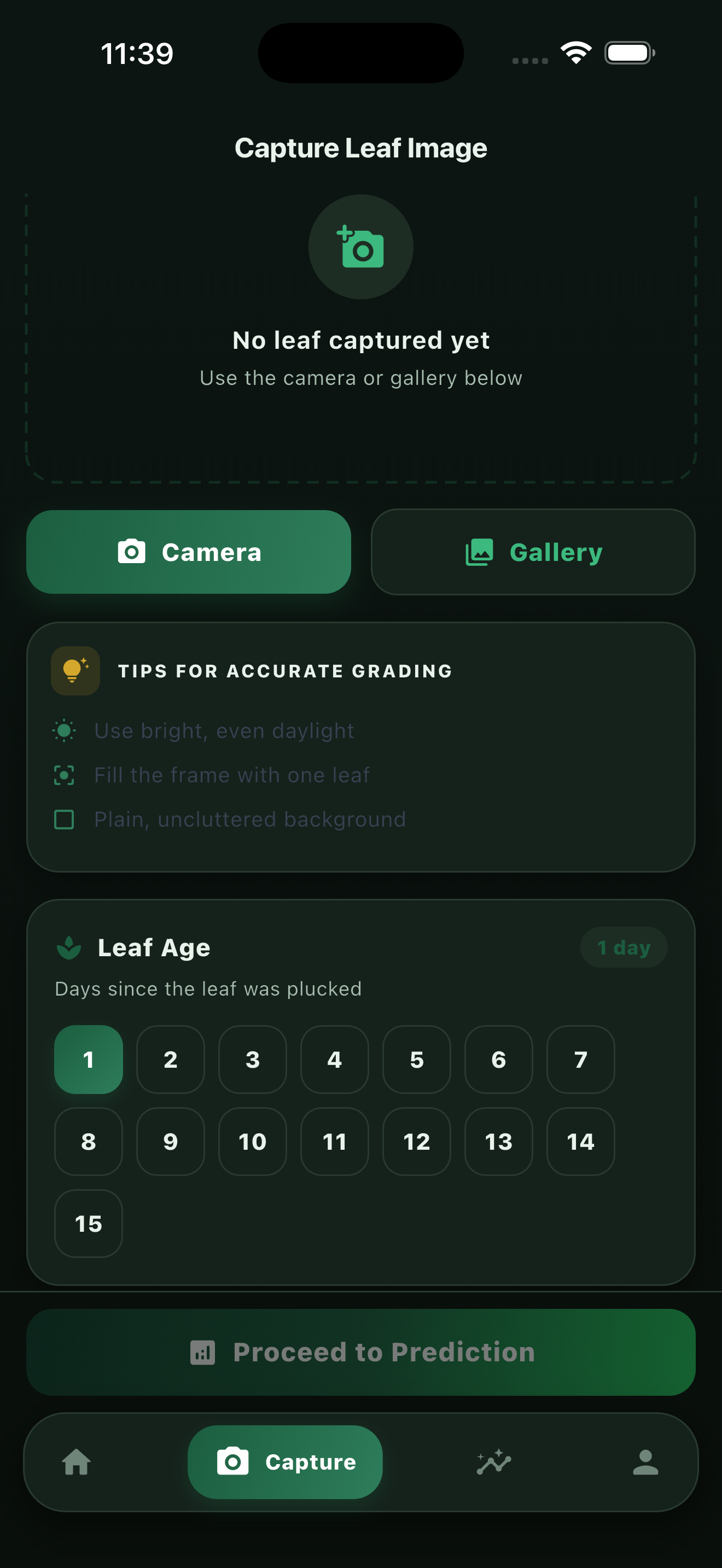 TeaOptima app — capture leaf screen